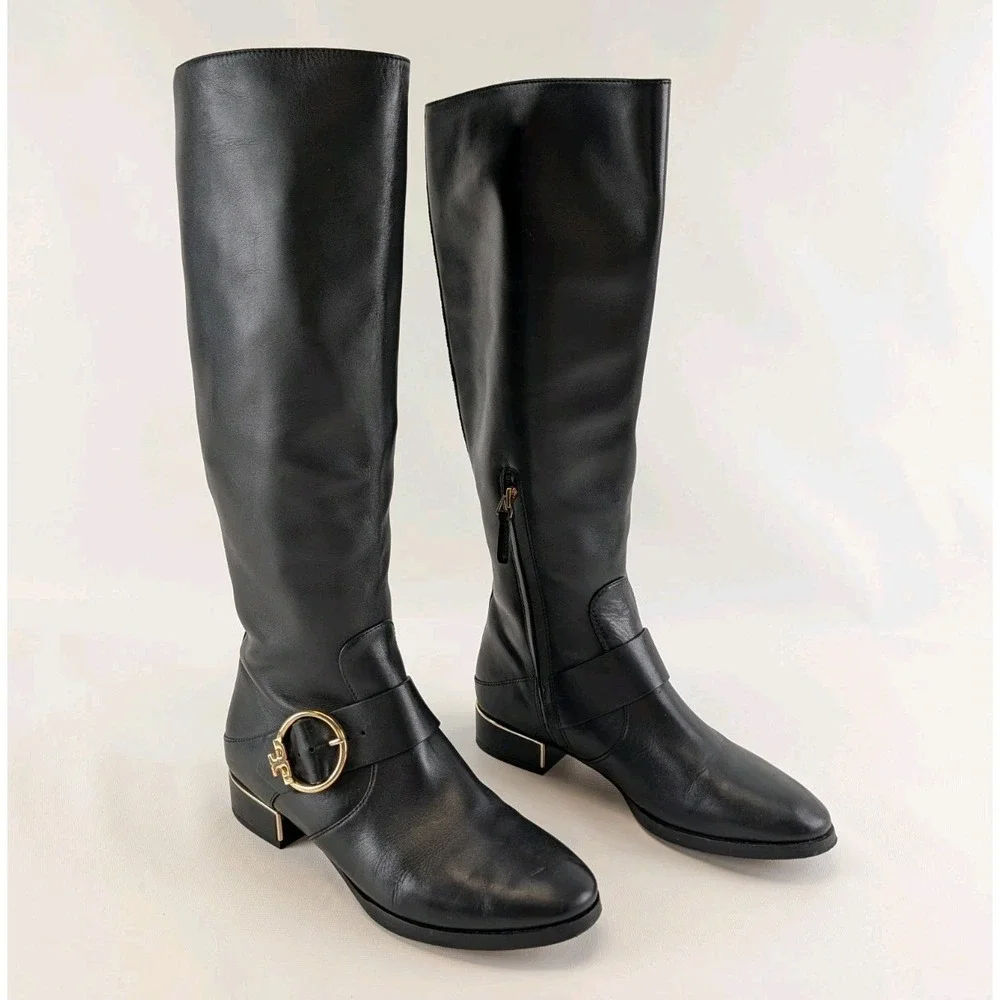 Tory Burch Womens Black Leather Riding Boots Sz 7.5M Gold Logo Buckle Knee High‎